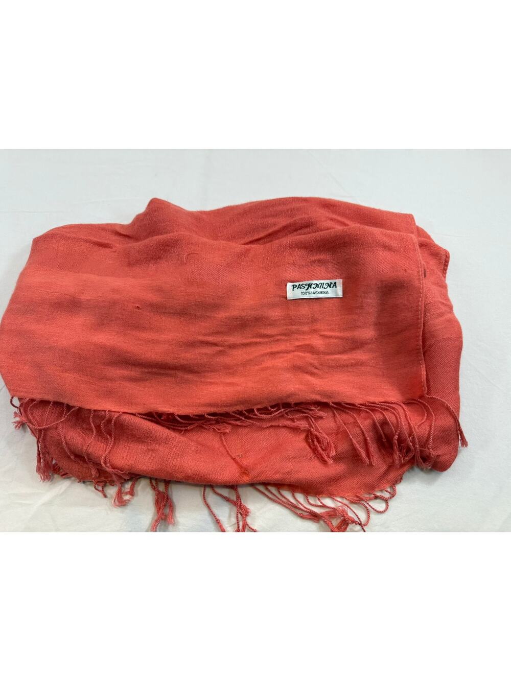 100% Pashmina Shawl w Fringe Coral Pink Upcycle Luxury Fabric